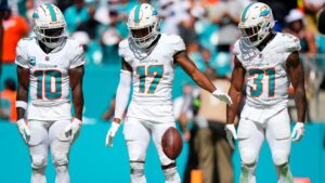 Tyreek Hill Jaylen Waddle Raheem Mostert 101923 Getty FTR